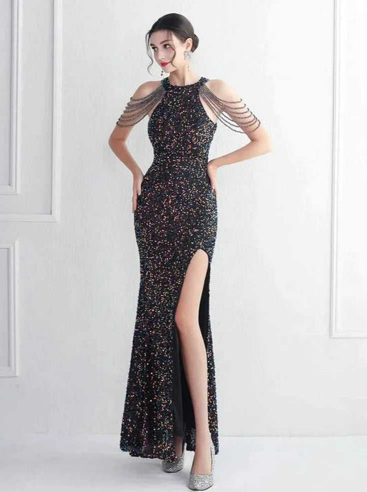 Odalis - Sukienka cekinowa długa z koralikami granatowa Flitrové šaty