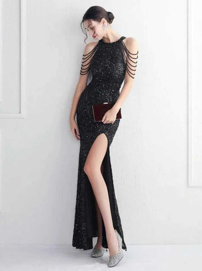 Odalis - Sukienka cekinowa długa z koralikami czarna Flitrové šaty
