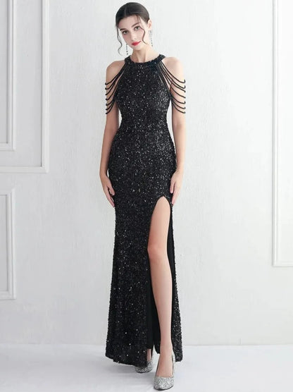 Dlouhé flitrové šaty s korálky černé Olivia