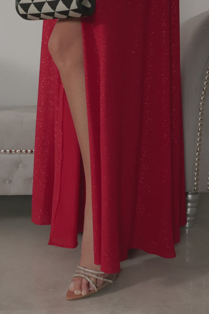 Paris - Červené brokátové maxi šaty s ramínky