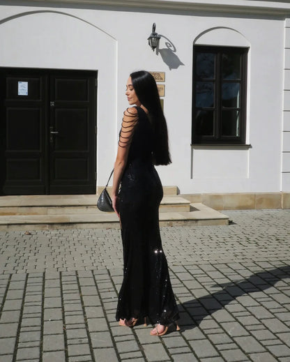 Sukienka cekinowa maxi zdobiona czarna Cameleon bis