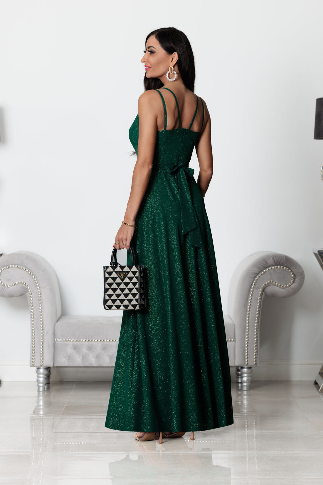 Paris - Sukienka brokatowa maxi na ramiączkach butelkowa zieleń