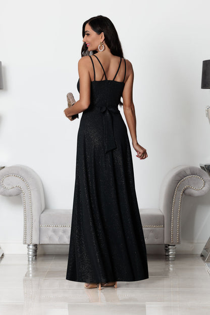 Paris - Sukienka brokatowa maxi na ramiączkach czarna
