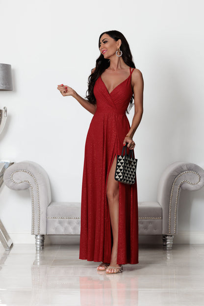 Paris - Sukienka brokatowa maxi na ramiączkach czerwona